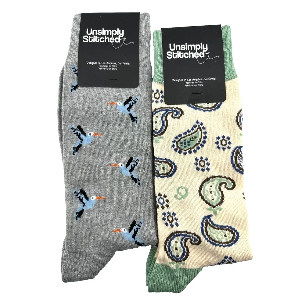 UNSIMPLY STITCHED 2-Pairs Socks Grey Blue Bird‎ & Khaki Paisley NEW